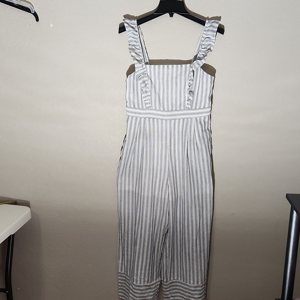&Merci Jumpsuit Womens Large Linen Blend Wide Leg Straight Stripped Romper